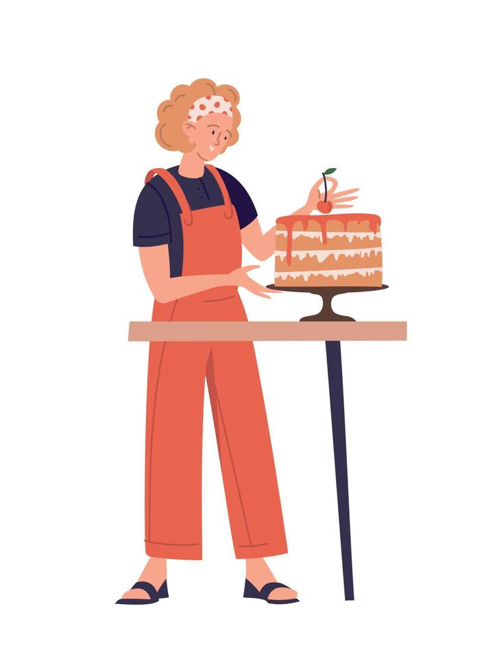 Konditor, Koch, Kuchen, Gebäck. Mädchen mit einem Kuchen. Kirsche auf dem Kuchen. Der Konditor bereitet einen Kuchen zu. Vektorbild. vektor