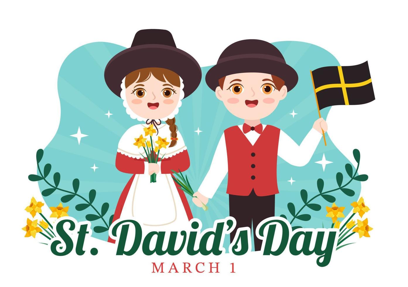 happy st david's day am 1. märz illustration mit walisischem kleid für kinder, drachen und gelben narzissen in flacher karikaturhand gezeichnet für landingpage-vorlagen vektor