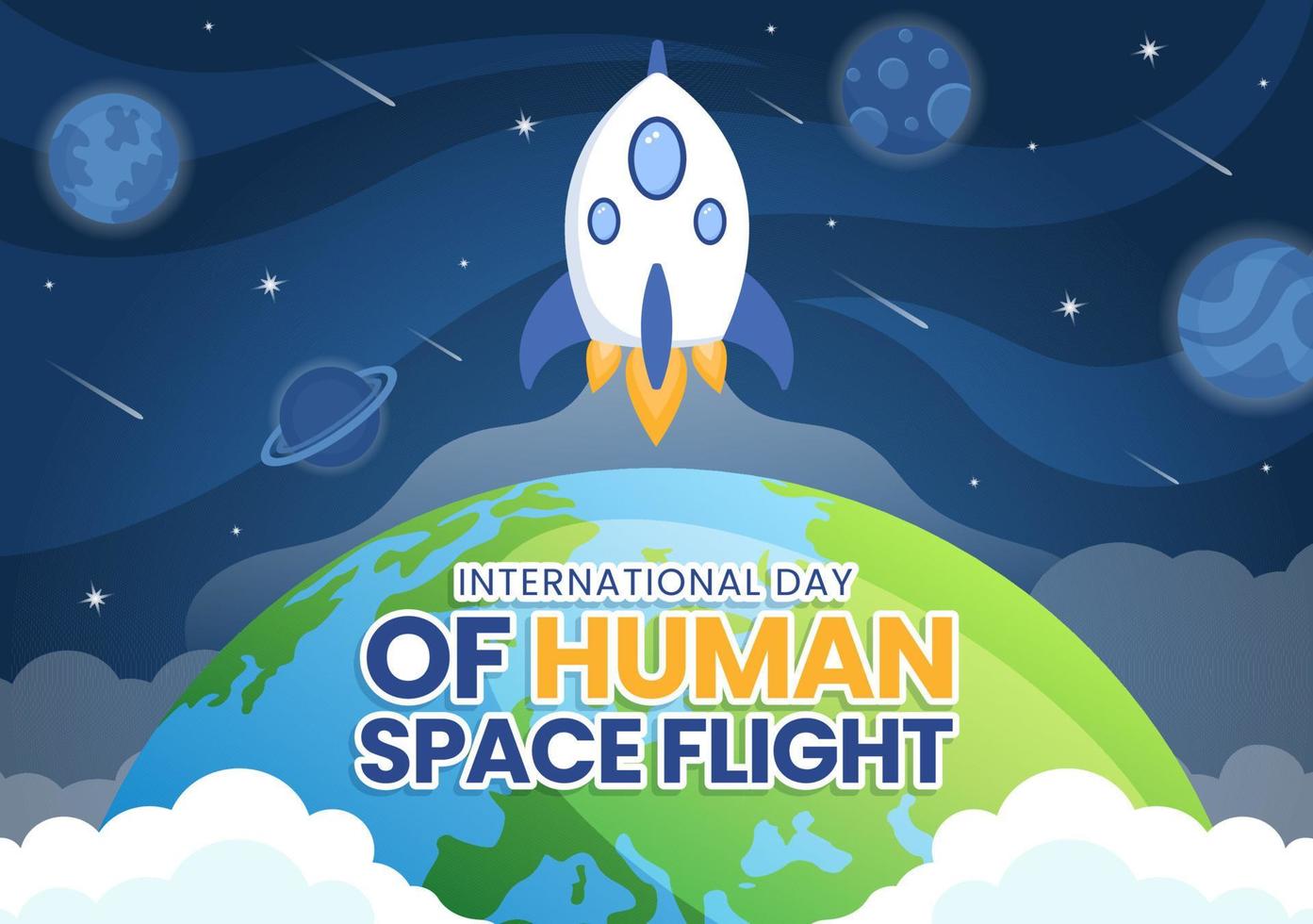 internationaler tag der bemannten weltraumfahrt am 12. april illustration mit rakete und kinderastronaut in flacher karikaturhand gezeichnet für zielseitenvorlagen vektor