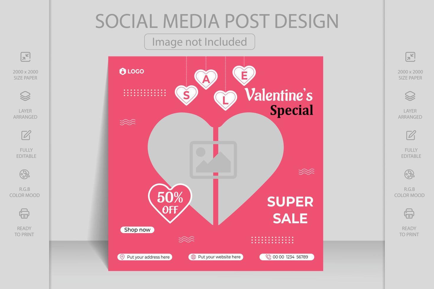 super försäljning posta med rabatt. Lycklig valentines dag hälsning kort mall. lämplig för social media posta, mobil app, webb baner, flygblad, tapet, flygblad, inbjudan, affischer, broschyr, banderoller. vektor