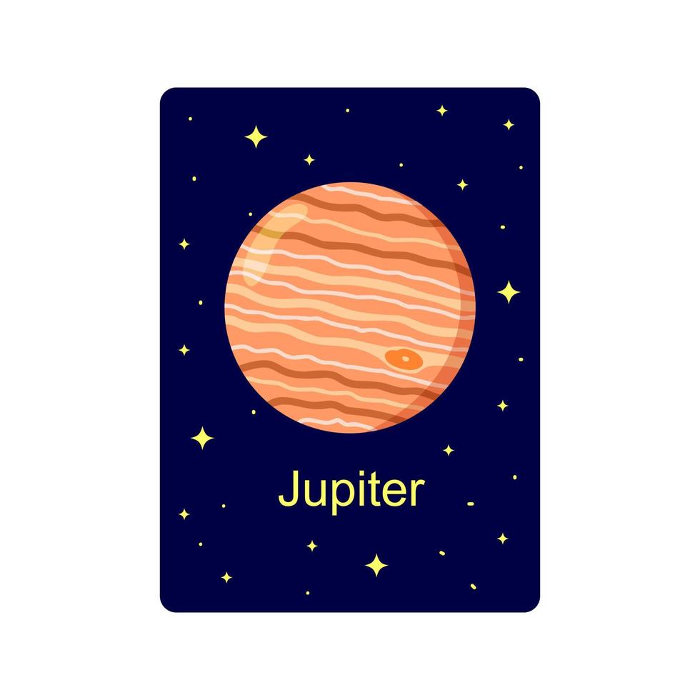 lernkarte für kinder mit jupiterplanet auf dunklem sternenklarem hintergrund. Unterrichtsmaterial für Schulen und Kindergärten zum Erlernen der Weltraumwissenschaften vektor