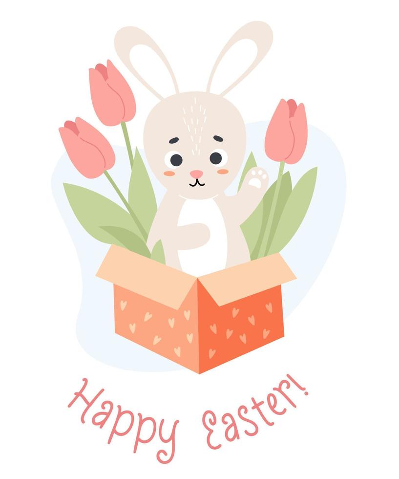 süßer osterhase in festlicher schachtel mit blumen tulpen. frühlingsferienplakat frohe ostern. vektorillustration im flachen stil mit karikaturkaninchen. vektor