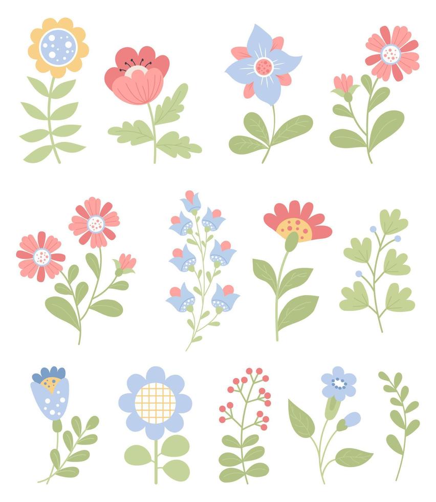 samling dekorativ säsong- blommor. vektor illustration i platt stil. isolerat botanisk växter för design, dekor, dekoration, hälsning och bröllop kort.