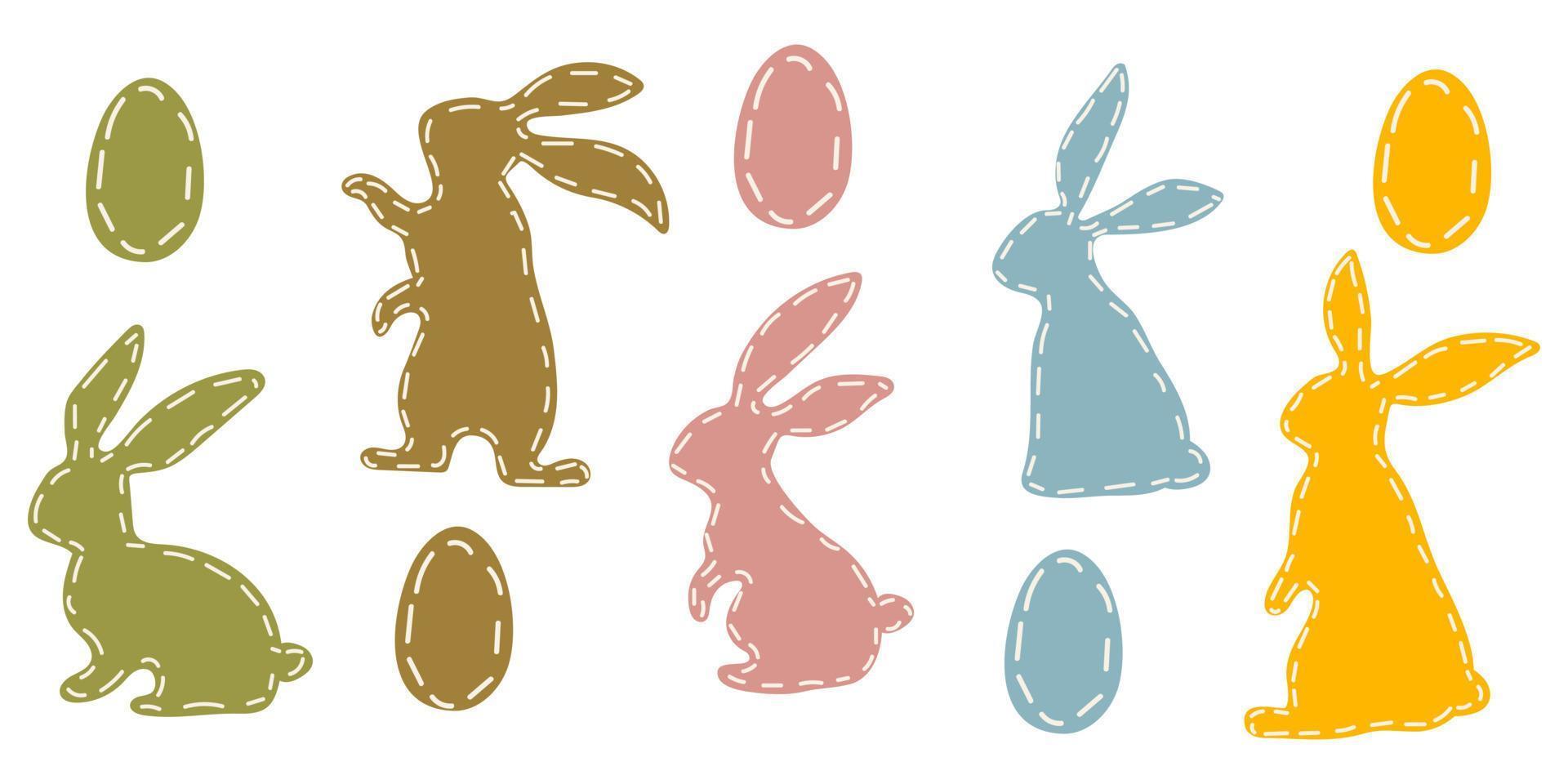 eine Reihe farbiger Osterhasen und farbiger Ostereier. Die Konturen von Hasen und Eiern sind entlang der Kante gestickt. kaninchen oder hase, ein festliches frühlingstier für ostern. Cartoon-Vektor aus Stoff vektor