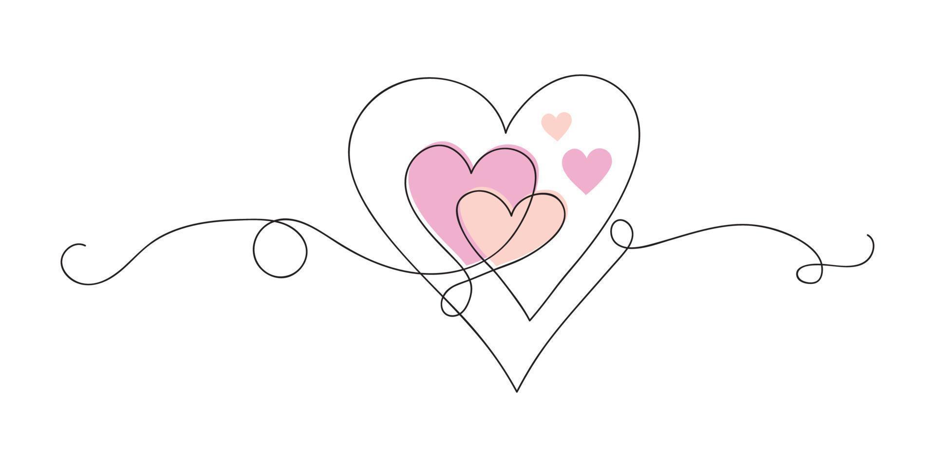 två hjärtan kontinuerlig ett linje konst teckning, valentines dag begrepp, hjärta kärlek par översikt konstnärlig isolerat vektor illustration.