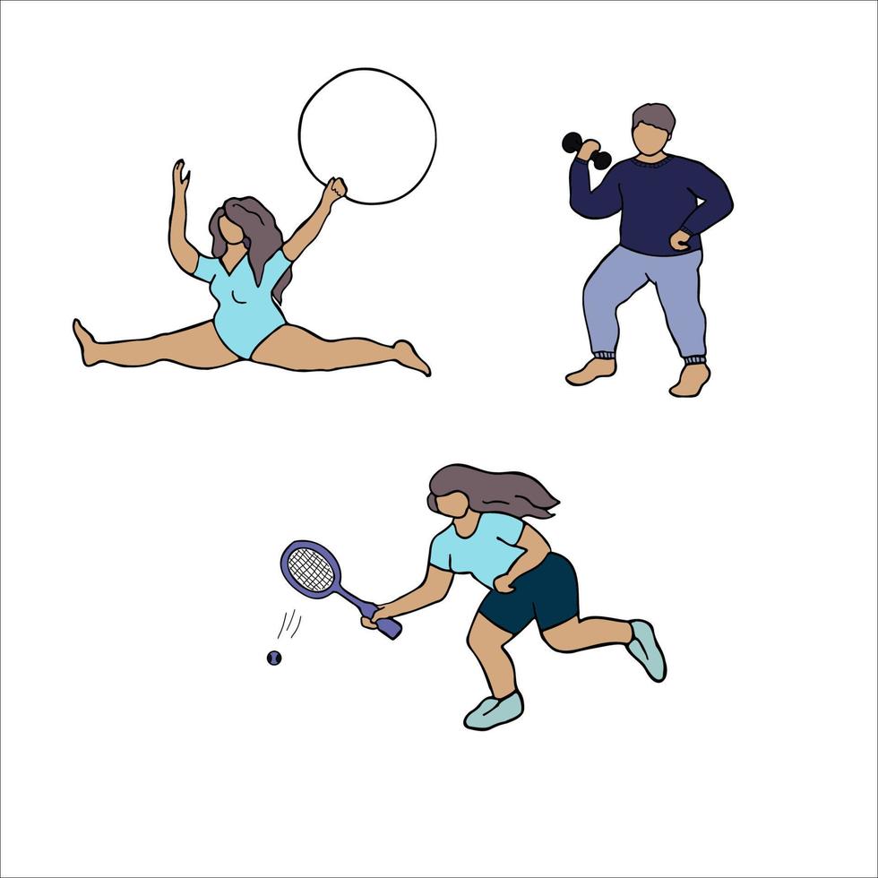 en uppsättning av silhuetter av människor vem spela sporter. de begrepp av en friska livsstil och en kropp positiv. vektor illustration