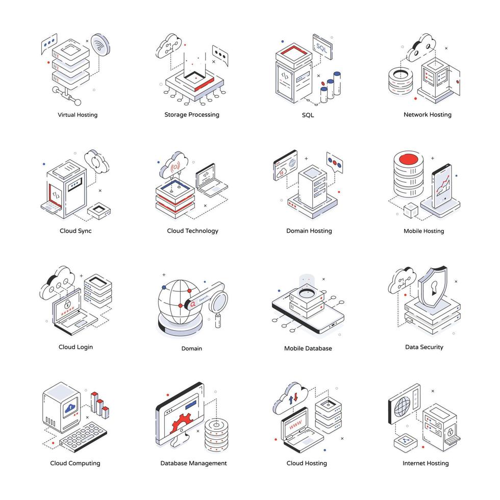 uppsättning av databas lagring isometrisk ikoner vektor
