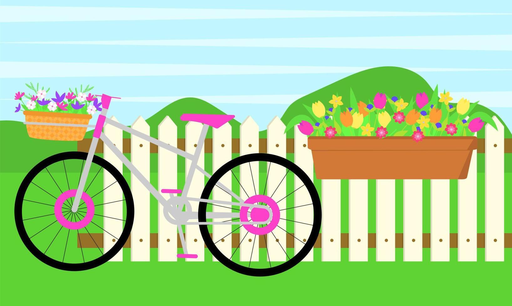 Frühlingslandschaft. Zaun, langer Topf mit Blumen, Fahrrad mit Blumenkorb. Vektor-Illustration. vektor