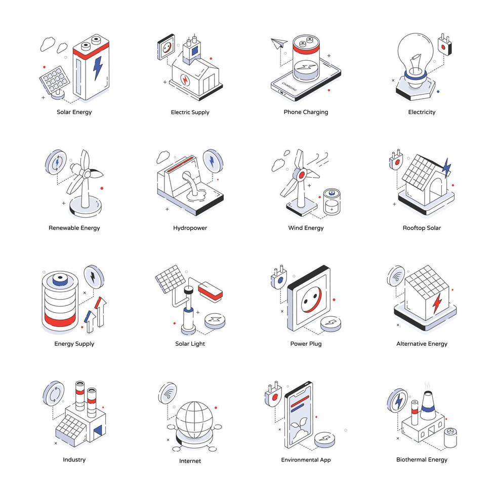 16 trendige isometrische Symbole für erneuerbare Energien vektor