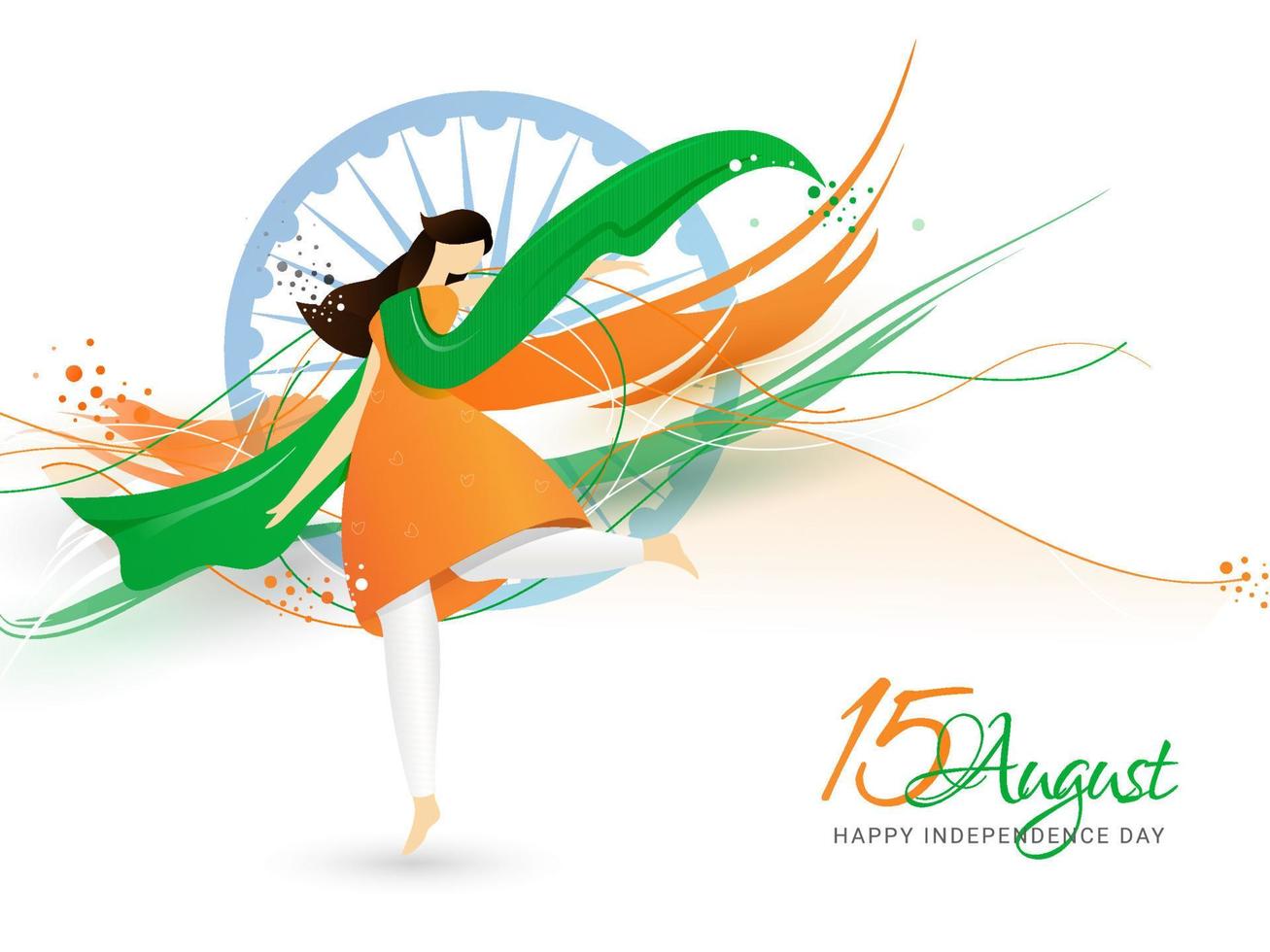 kreative illustration einer frau, die dreifarbiges tuch trägt und vor dem rad tanzt, um den 15. august den indischen unabhängigkeitstag auf abstraktem hintergrund zu feiern. vektor