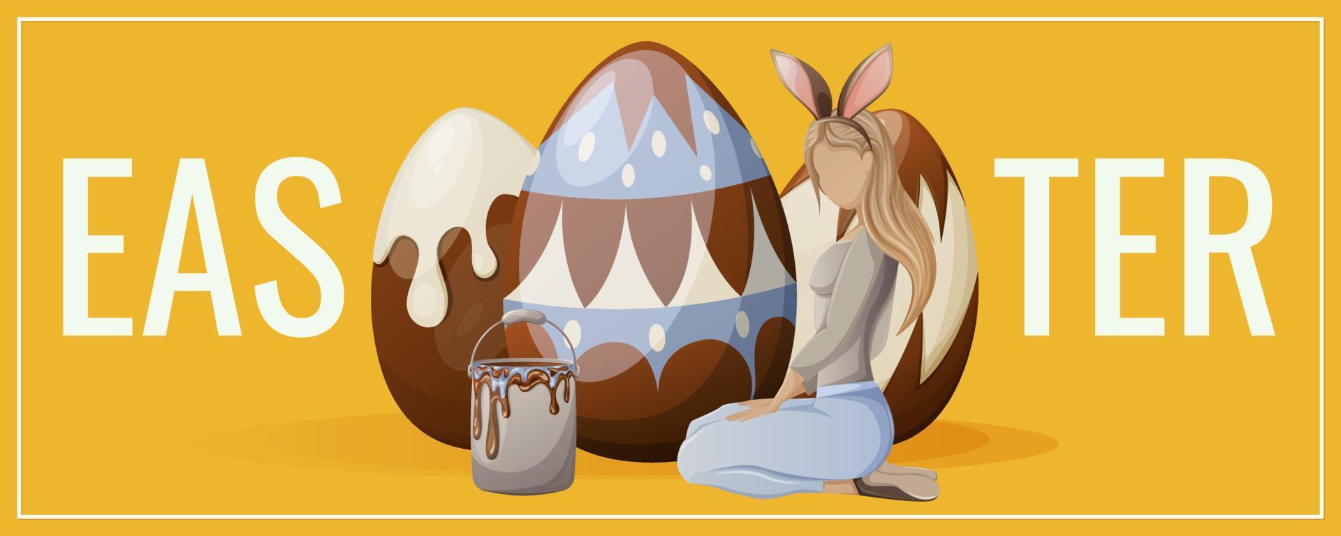 festlicher flyer für frohe ostern. Ein Mädchen in einem Stirnband mit Hasenohren sitzt neben bemalten Eiern mit einem Farbeimer. vektorillustration für plakat, fahne, website. vektor