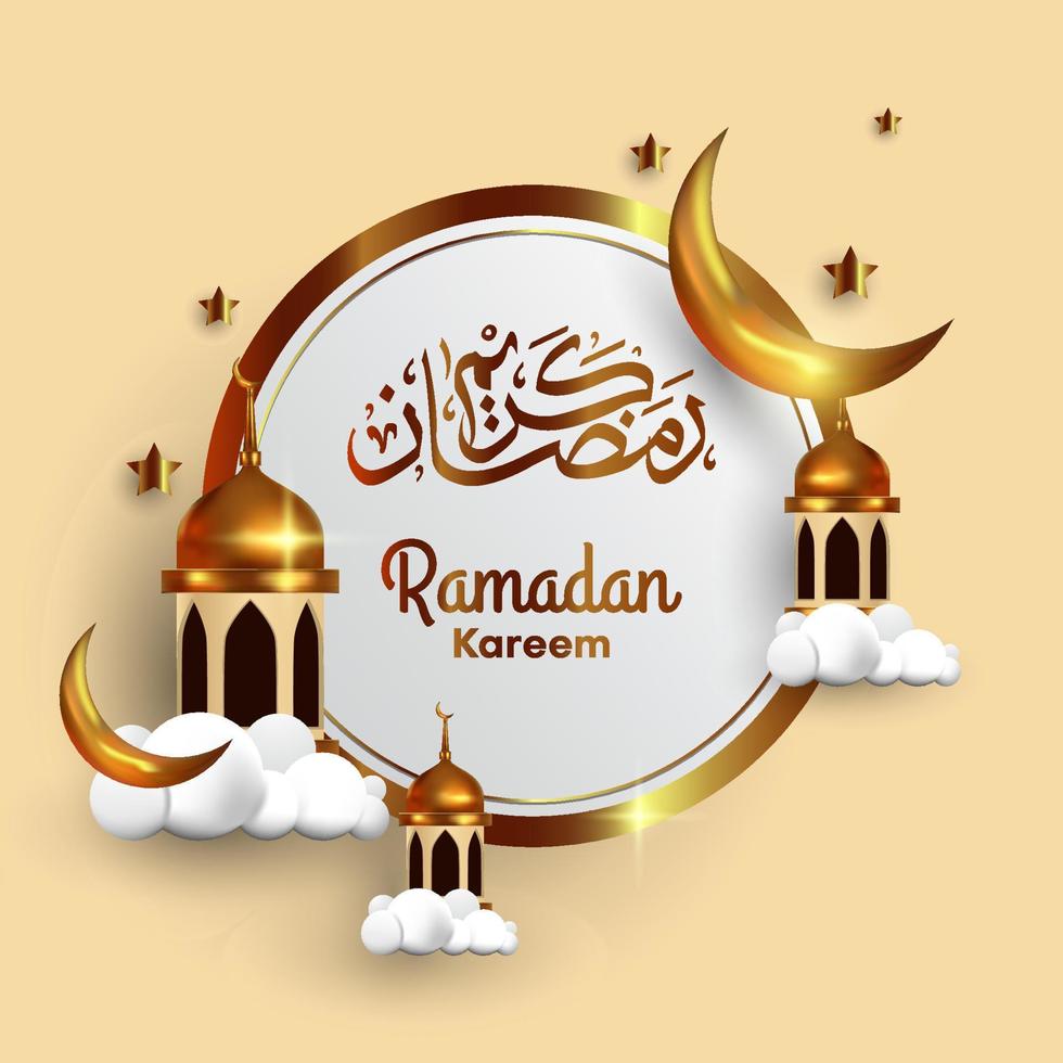 gyllene 3d ramadan kareem bakgrund med måne, stjärnor, kupol, moln och arabicum kalligrafi. islamic vektor illustration