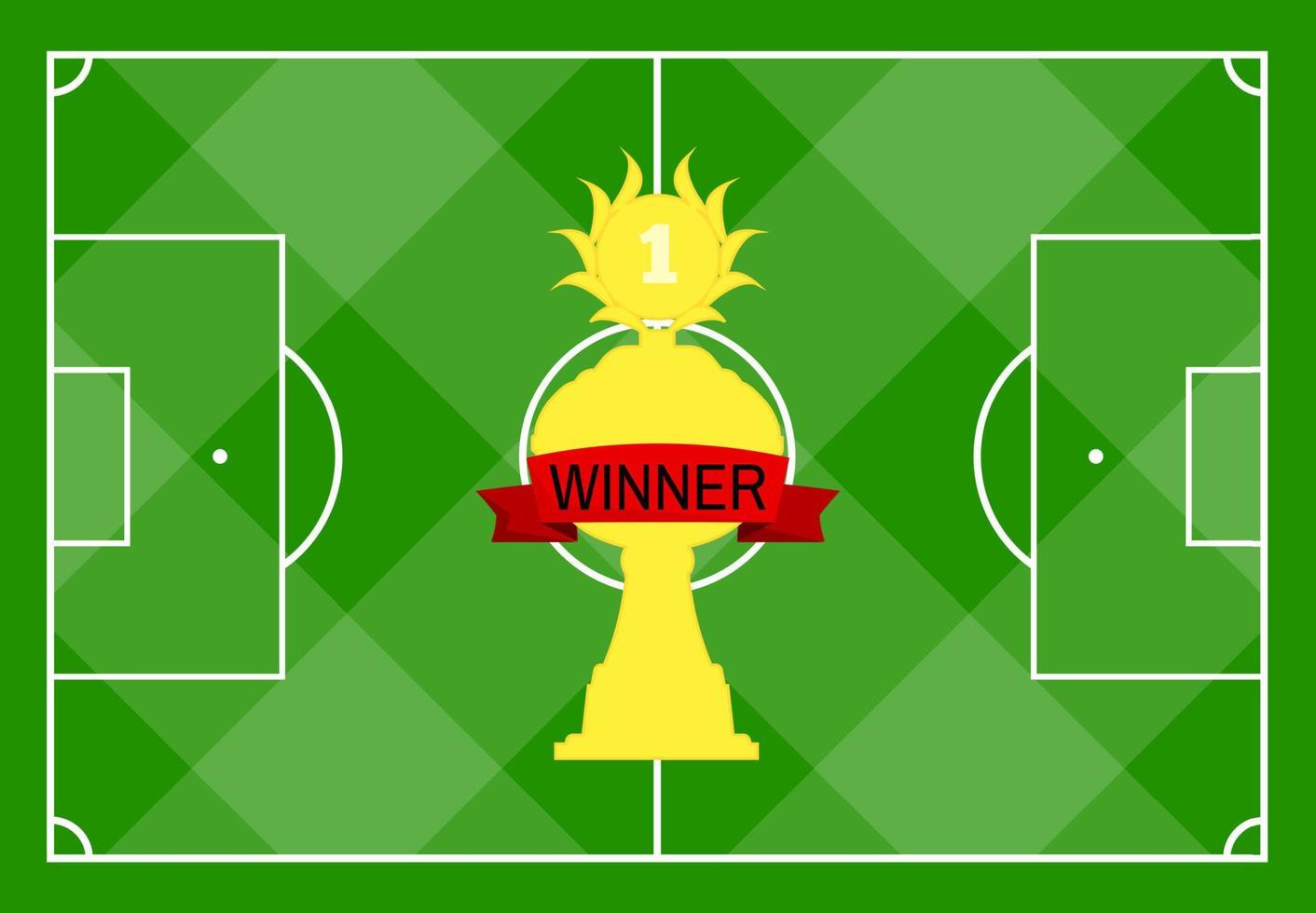 Fußballplatz mit grünem Gras und mit einem goldenen Pokal mit rotem Band. Vektor-Illustration vektor