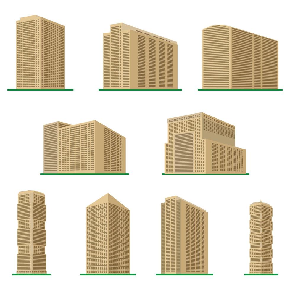 Satz von neun modernen Hochhaus auf weißem Hintergrund. Ansicht des Gebäudes von unten. isometrische vektorillustration. vektor