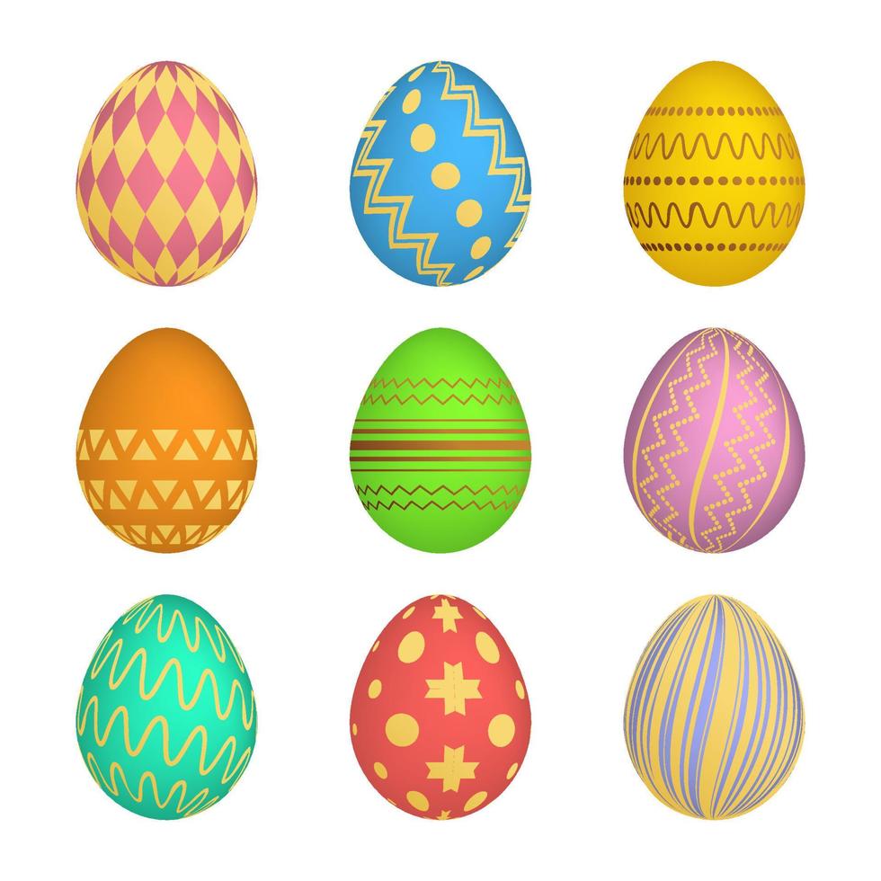 uppsättning av nio påsk ägg med annorlunda färgrik textur på en vit bakgrund. vektor illustration