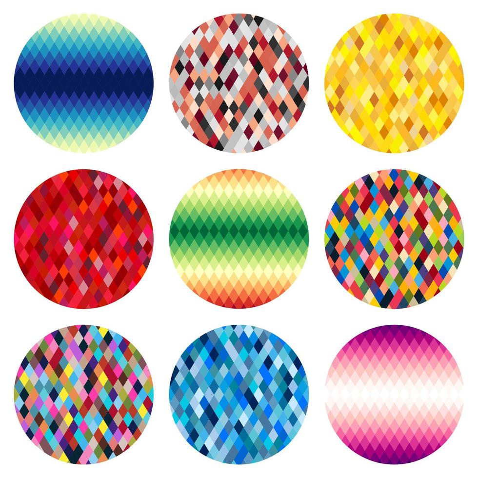 uppsättning av nio färgrik cirklar av romber isolerat på vit bakgrund. abstrakt vektor bakgrund.