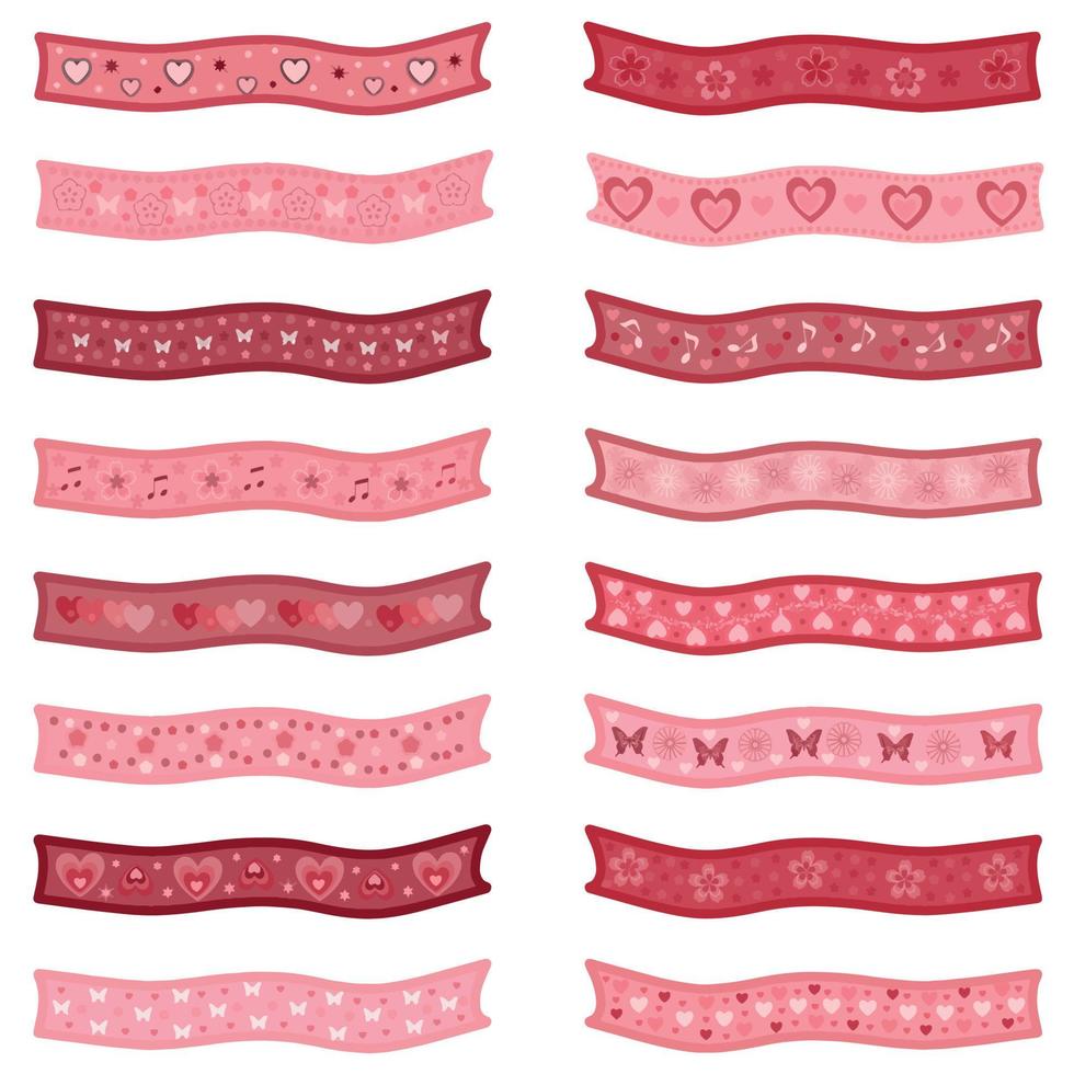 satz rosa und rote feiertagsbänder, banner mit romantischen mustern. JPEG-Illustration für Stoffe, Textilien, Verpackungen, Geschenke, Karten, Bettwäsche, Drucke, Produktdesign, Scrapbooking. vektor