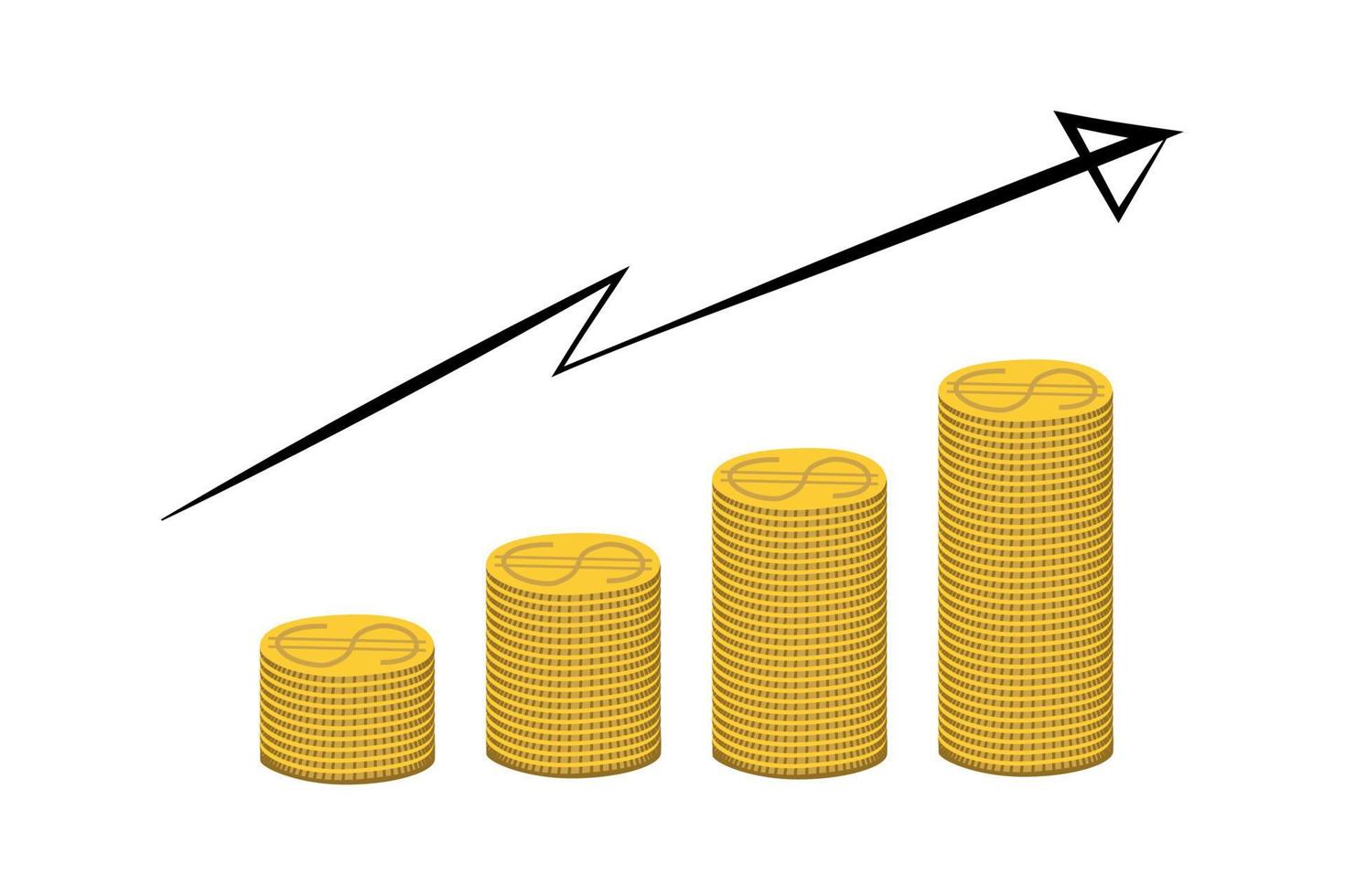 Goldene Dollarmünzen stapeln sich mit Pfeil nach oben. geld, wirtschaft, finanzen, investitionssymbol. Konzept des Währungswachstumsdiagramms. vektor