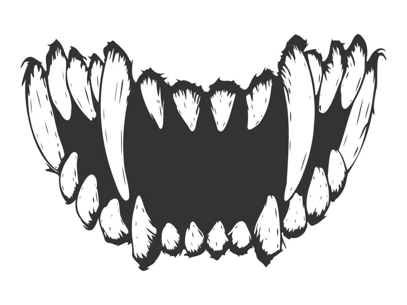Zähne in einem Grinsen. Fang. Vektor-Illustration. isoliert auf weißem, monochromem, schwarz-weißem Druck. vektor
