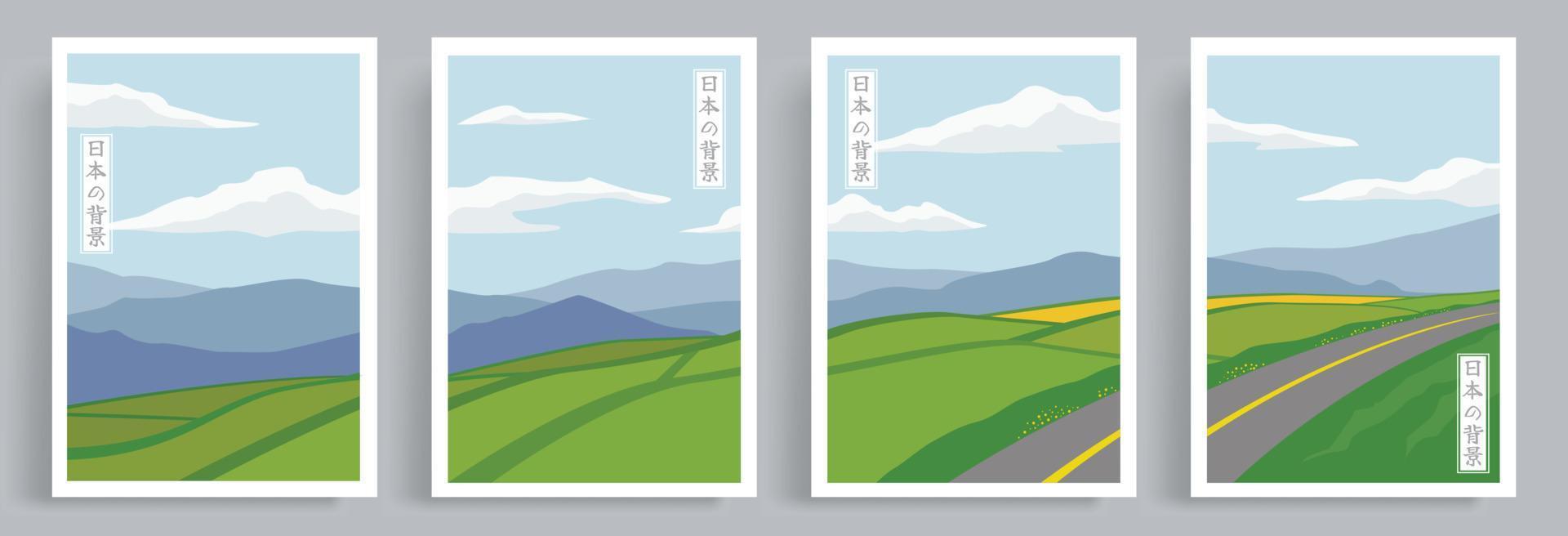 4 Sätze japanischer Illustrationen im orientalischen Stil. Vektor von Reisterrassen mit schönem Berghintergrund. geeignet für Leinwanddruck, Poster, Wohnkultur, Buchumschlag, Tapete.