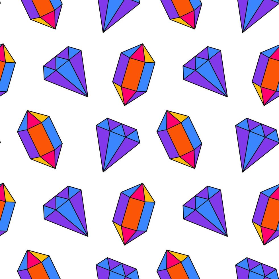 sömlös mönster i trendig 80-90-tal stil. färgad kristaller och ruter i tecknad serie stil på en vit bakgrund. vektor