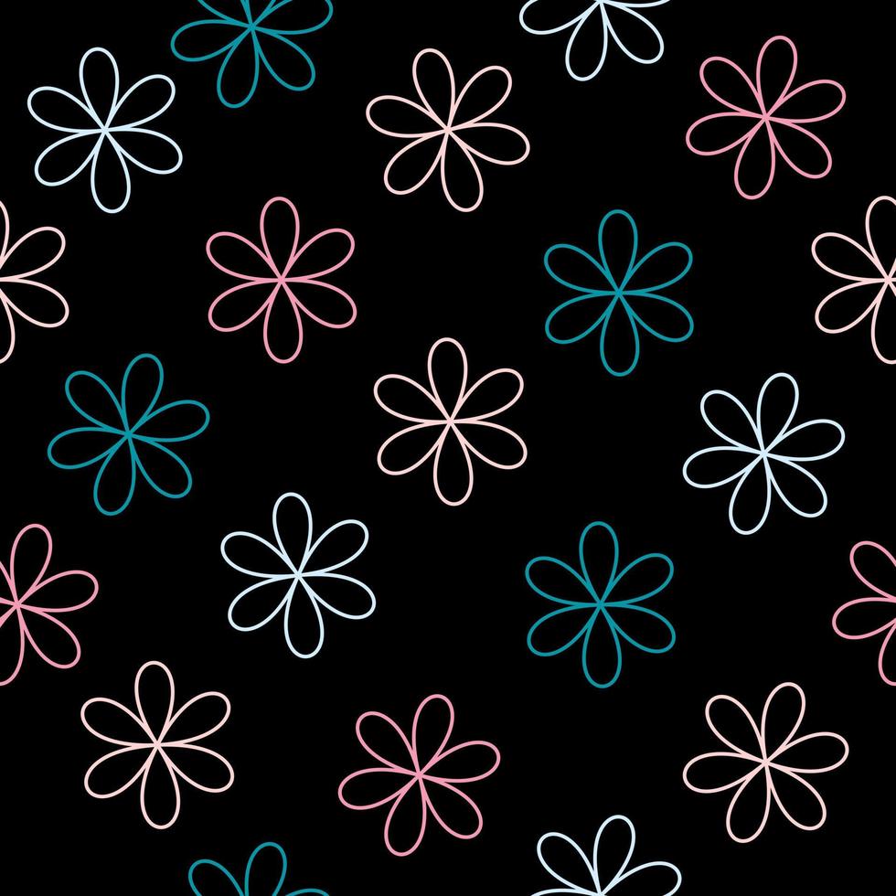 sömlös mönster av konturer av blommor i pastell färger på en svart bakgrund vektor