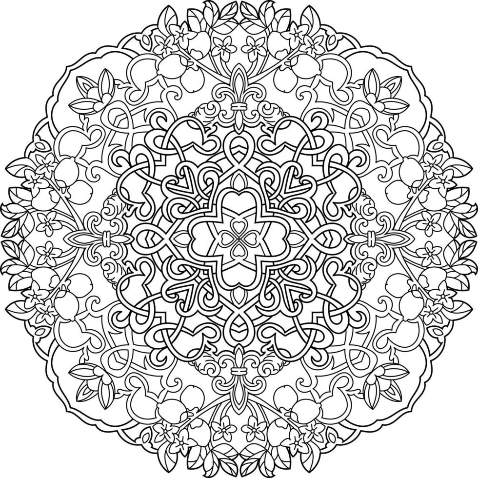 abgerundetes Mandala mit Blumen und Blättern Strichzeichnungen, Malbuch vektor