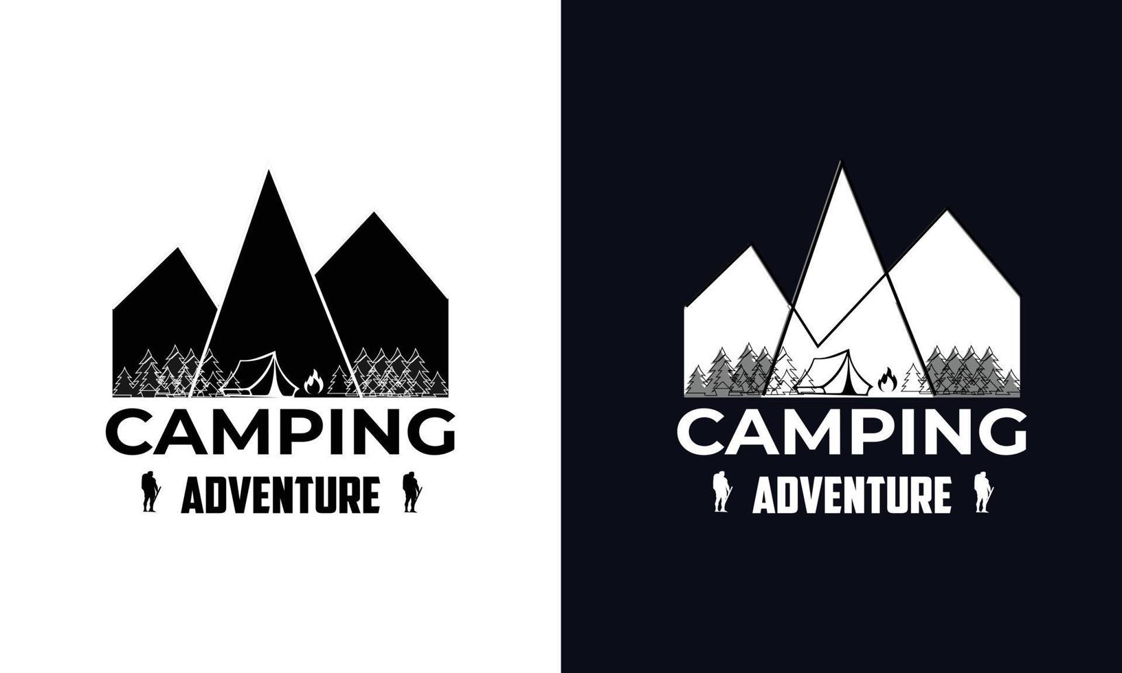 Berg-Logo-Vektor. Sommer-Wander-T-Shirt mit Print-Design. handgezeichnetes abenteuerlogo mit kiefernwald und zitat - camp local. altes camp-outdoor-emblem in einfachem retro vektor