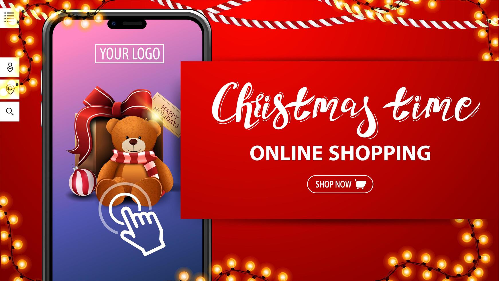 Weihnachtszeit, Online-Shopping, rotes Rabatt-Banner mit großem Smartphone mit Geschenk auf dem Bildschirm. Rabatt-Banner für Ihre Website vektor