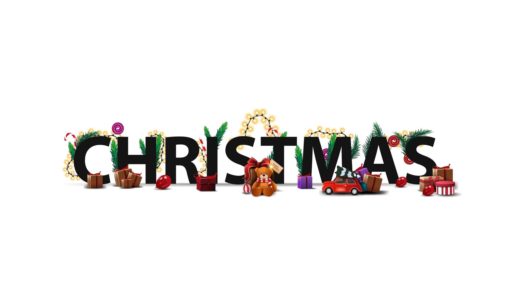 Weihnachtslogo, Zeichen, Symbol. 3d Titel verziert mit Geschenken, Weihnachtsbaumzweigen, Bonbons und Girlanden lokalisiert auf Weiß vektor