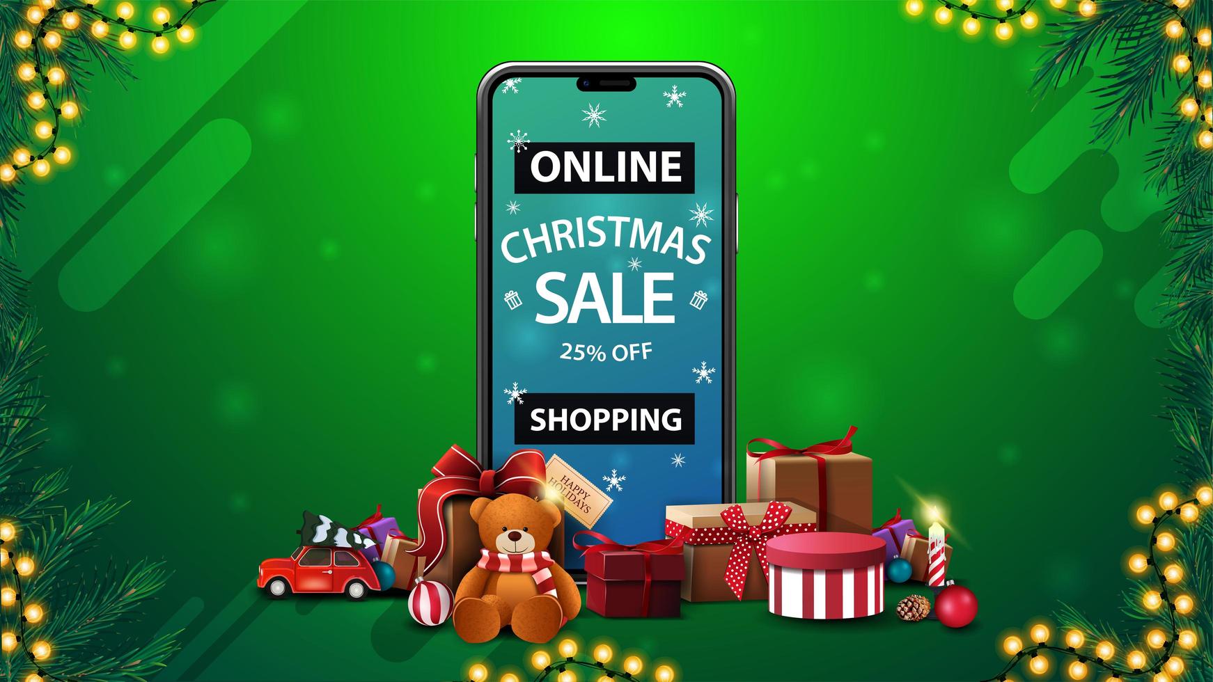 Online-Shopping, Weihnachtsverkauf, bis zu 25 Rabatt, Rabatt-Banner mit Smartphone mit Angebot auf dem Bildschirm und Geschenken vektor