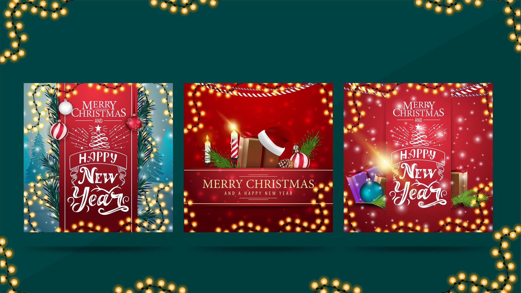 Satz Grußquadratweihnachtspostkarten mit schönen Beschriftungen und Weihnachtsgeschenken. Weihnachtskarten druckbereit vektor