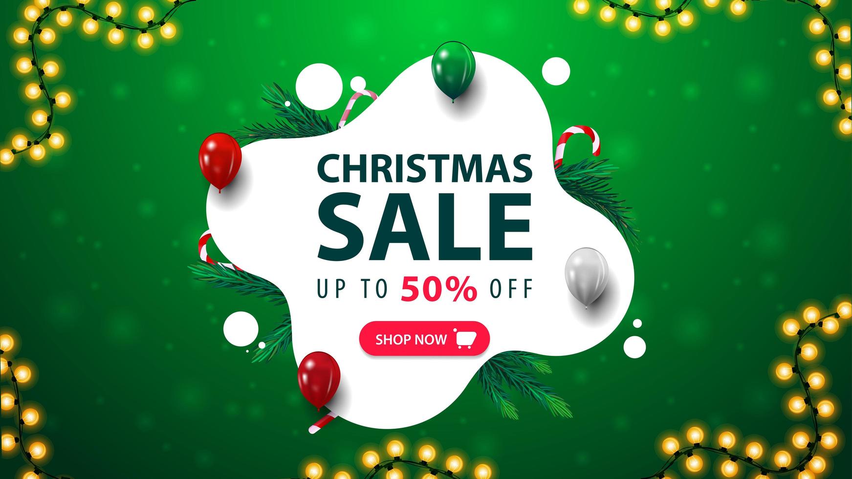 jul försäljning, grön och vit rabatt banner i flytande abstrakt form med ballonger, godisrotting, krans och knapp vektor