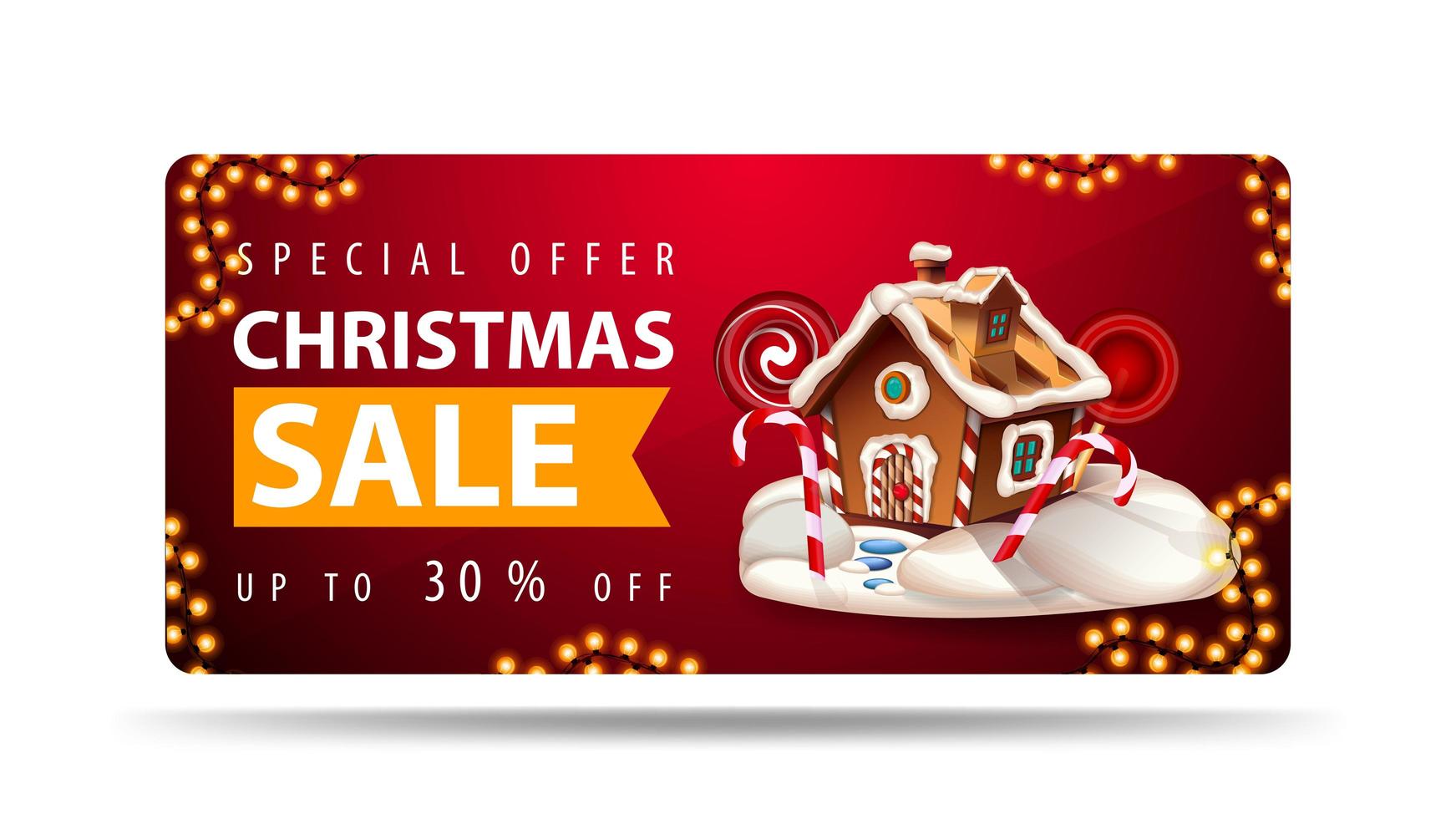 Sonderangebot, Weihnachtsverkauf, bis zu 30 Rabatt, rotes Banner mit Weihnachts-Lebkuchenhaus, Orangenband mit Angebot und Weihnachts-Lebkuchenhaus vektor