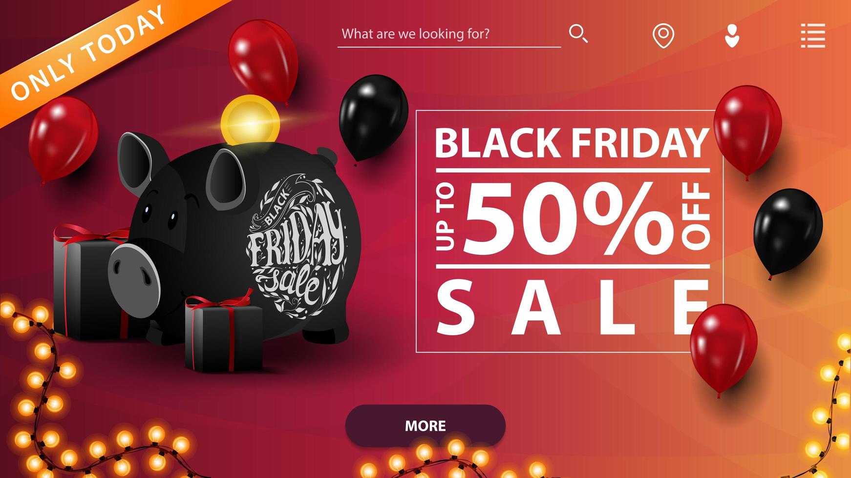 Black Friday Sale, bis zu 50 Rabatt. Rabatt-Banner für Website mit Luftballons, Geschenken, Sparschwein und Girlande vektor
