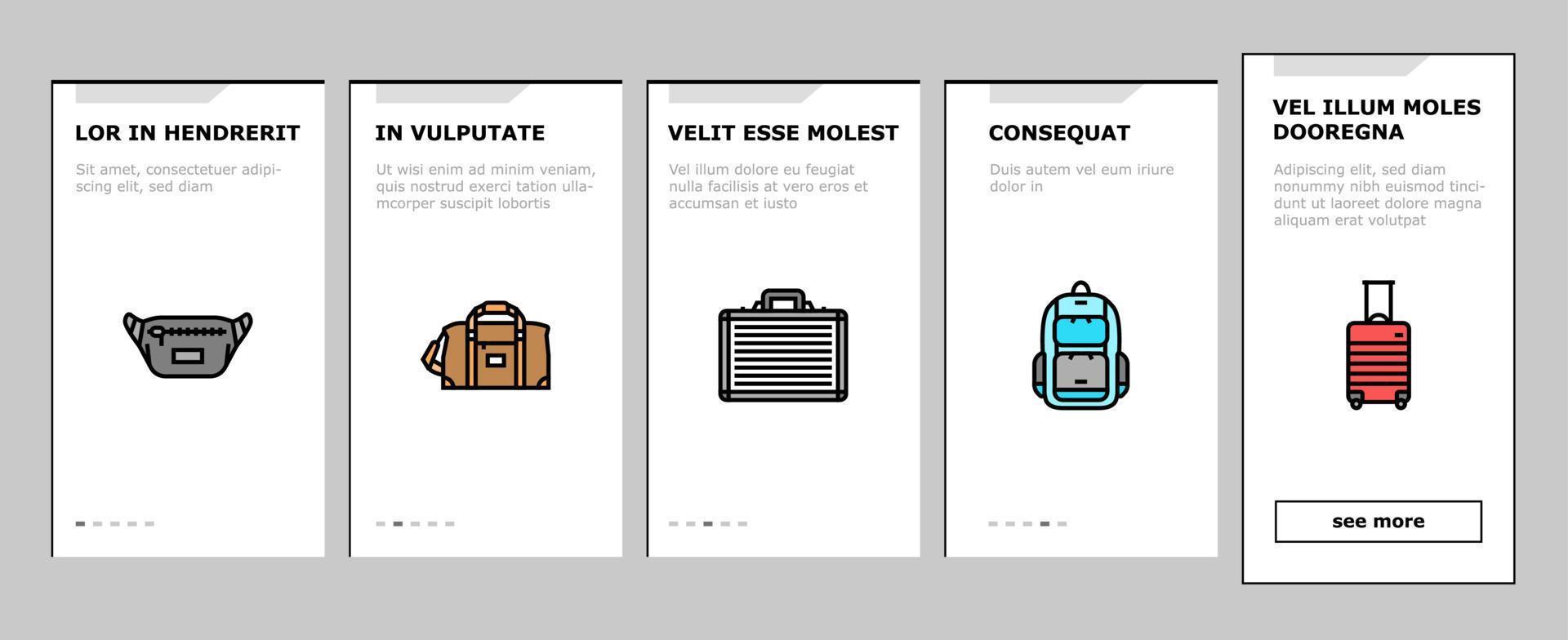 tasche für tragen produkte und waren onboarding icons set vektor