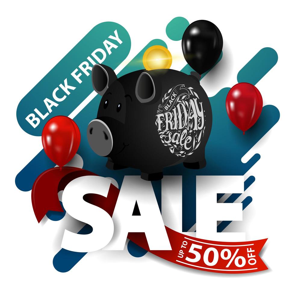 Schwarzer Freitag-Verkauf, modernes Rabattbanner mit Luftballons und Sparschwein lokalisiert auf weißem Hintergrund für Ihre Künste vektor