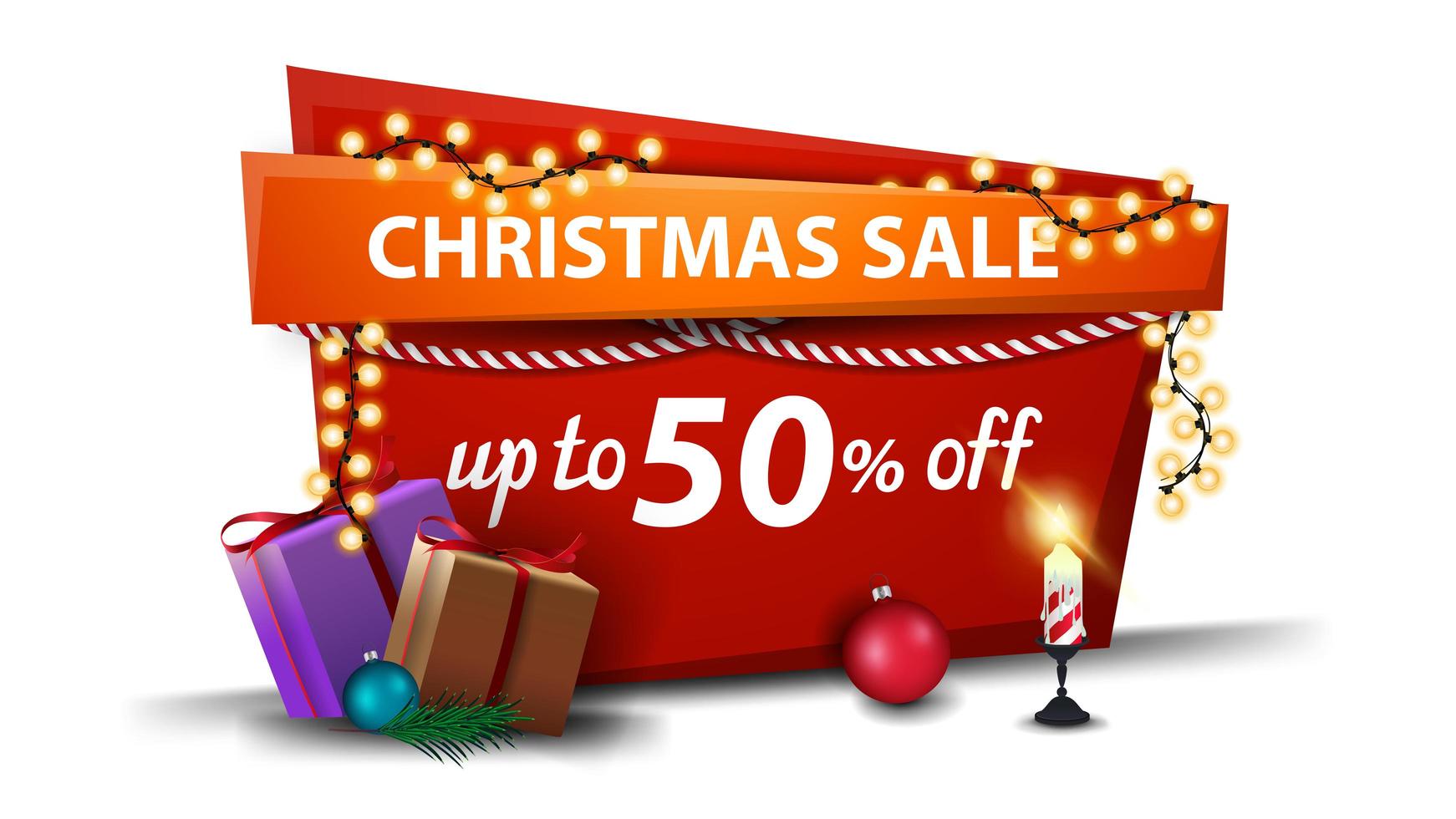 Weihnachtsverkauf, bis zu 50 Rabatt, rotes Banner im Cartoon-Stil mit Girlande und Weihnachtsgeschenken vektor