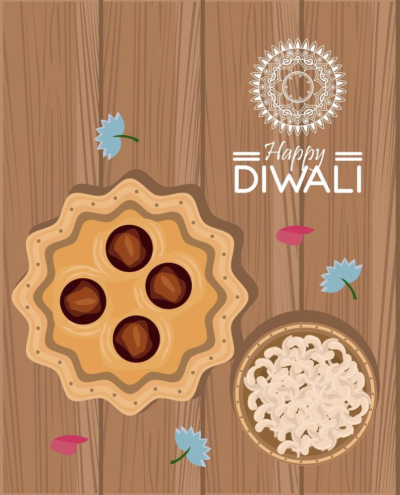 glückliche Diwali-Feier mit Menü im hölzernen Hintergrund vektor