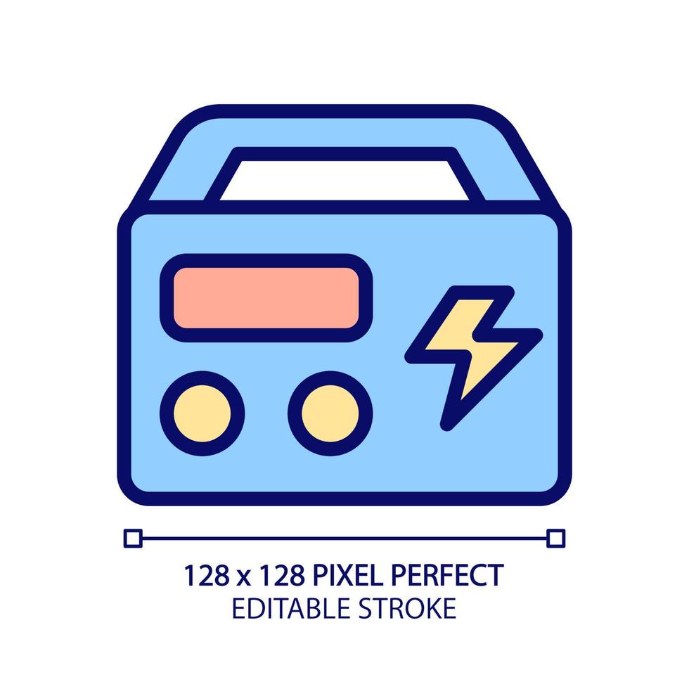 bärbar kraft station pixel perfekt rgb Färg ikon. laddningsbart enhet. batteri generator. apparat för Hem och camping. isolerat vektor illustration. enkel fylld linje teckning. redigerbar stroke