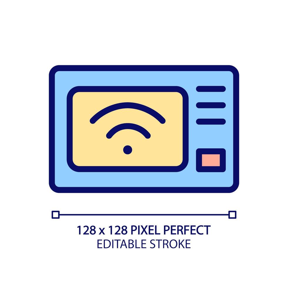 smart mikrovågsugn ugn pixel perfekt rgb Färg ikon. kök apparat. avlägsen kontrollera via smartphone. internet av saker. isolerat vektor illustration. enkel fylld linje teckning. redigerbar stroke