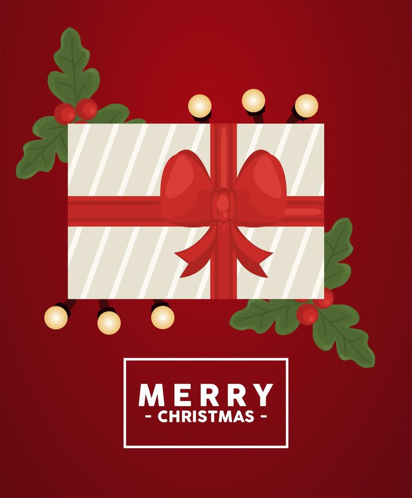 Frohe Weihnachten Schriftzug im quadratischen Rahmen mit Geschenk und Blättern vektor