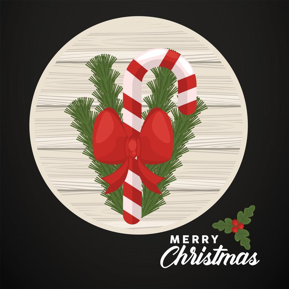 god jul bokstäver med sockerrör och rosett i cirkulär trä ram vektor
