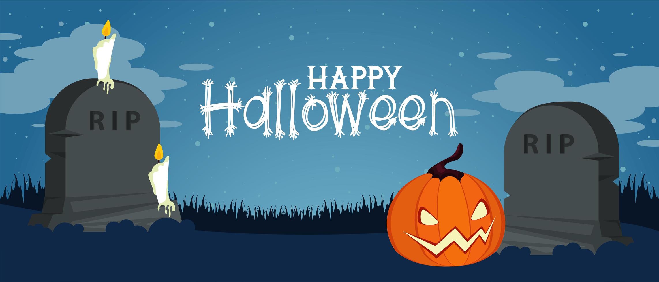 glückliche Halloween-Feierkarte mit Kürbis im Friedhof vektor