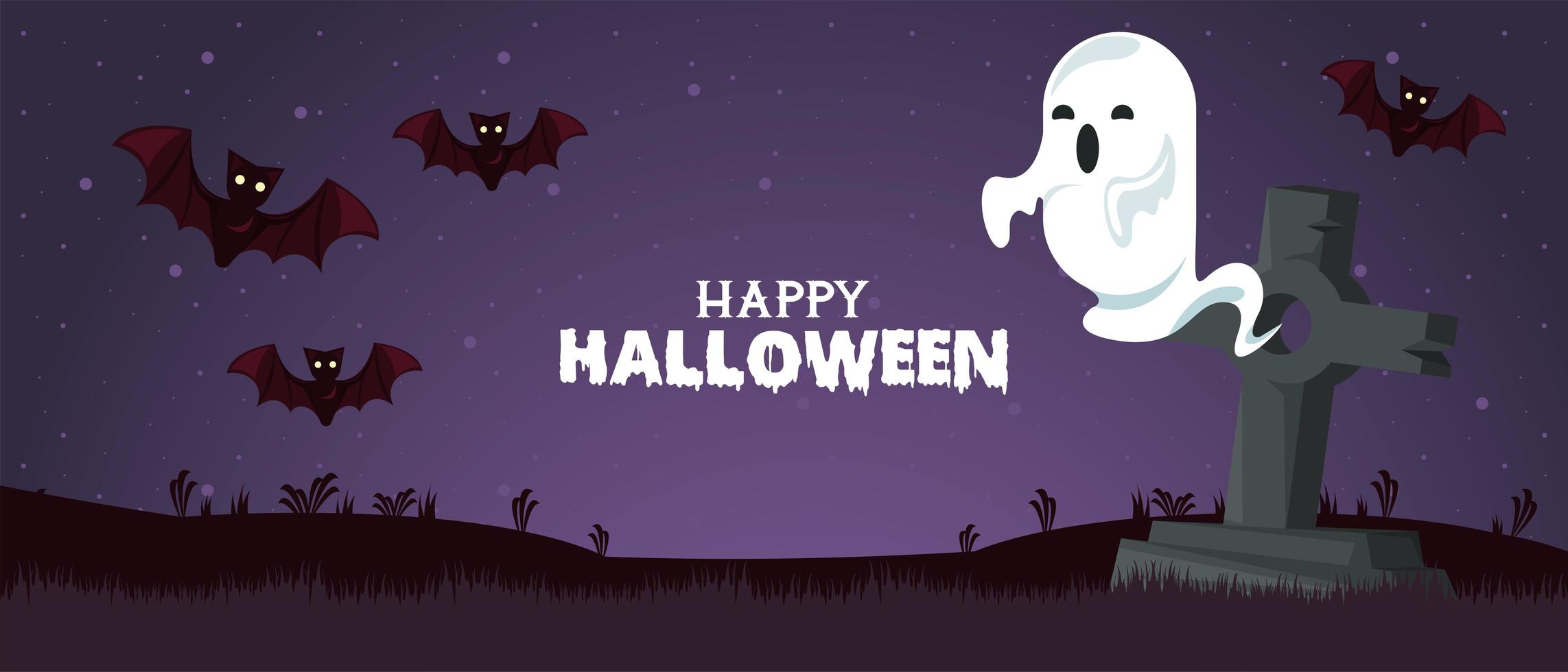 glückliche Halloween-Feierkarte mit Geist und Fledermäusen im Friedhof vektor