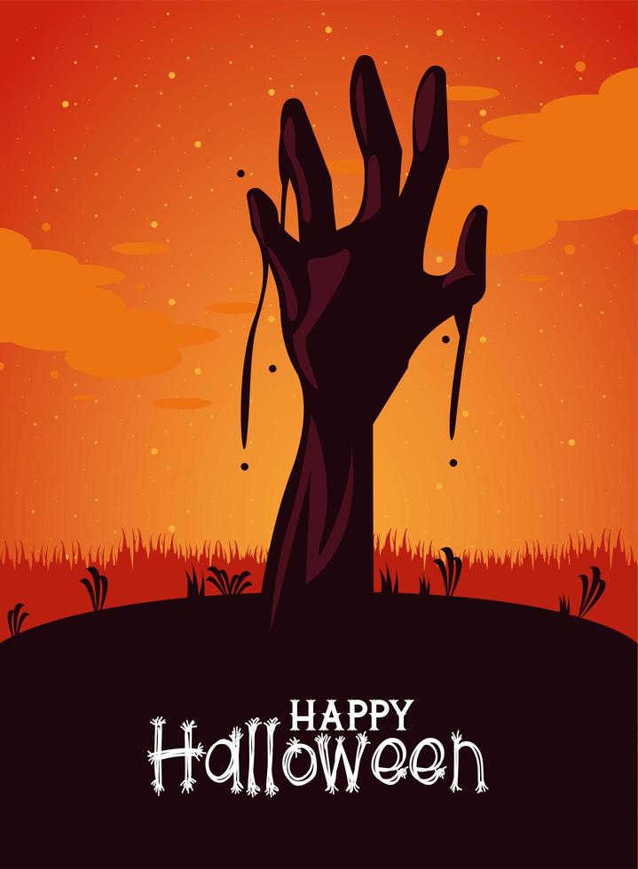 glückliche Halloween-Feierkarte mit Zombiehand vektor