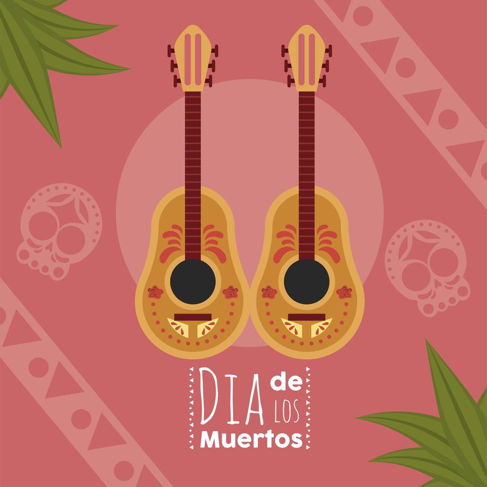 dia de los muertos Plakat mit Gitarren und Blättern vektor