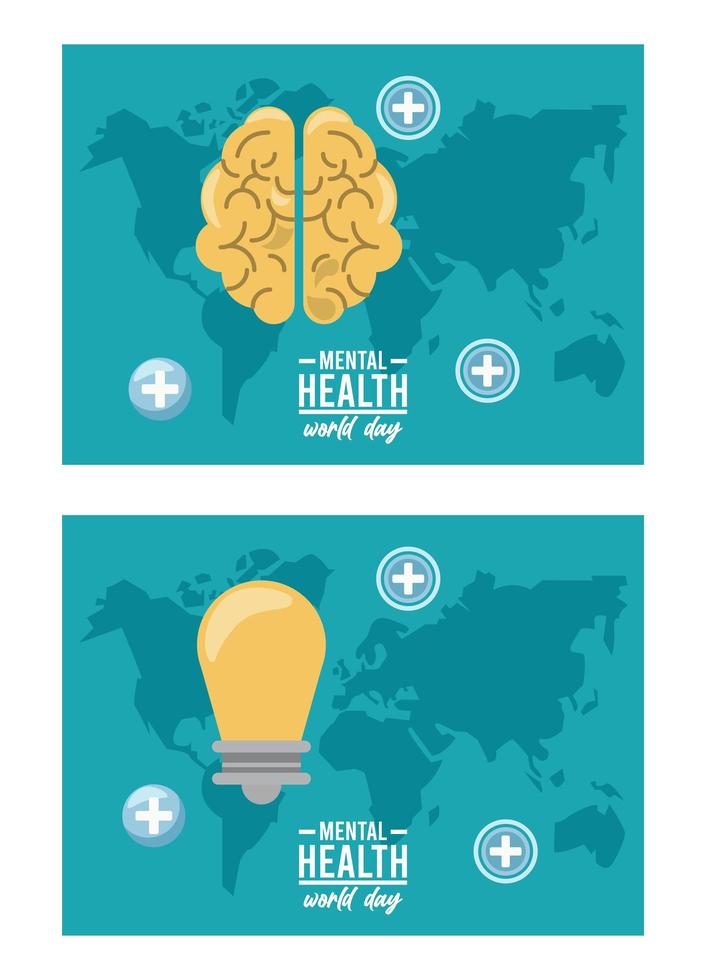 världens dagliga kampanj för psykisk hälsa med hjärna och glödlampa i jordkartor vektor
