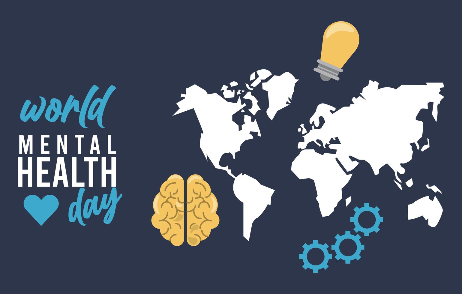 världens dagliga kampanj för psykisk hälsa med jordkartor och glödlampa vektor