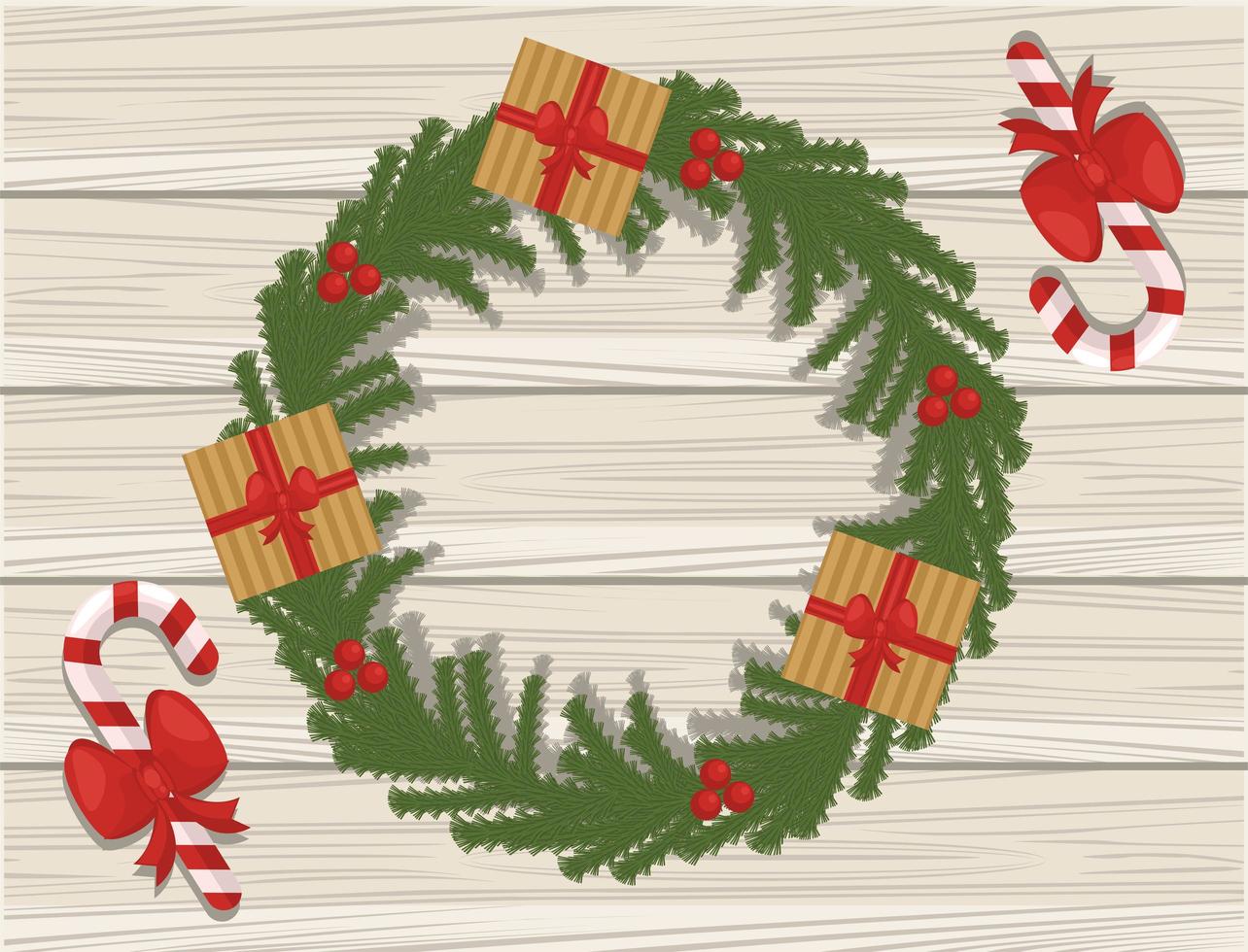 Frohe Weihnachtskarte mit Geschenken in der Girlande auf hölzernem Hintergrund vektor
